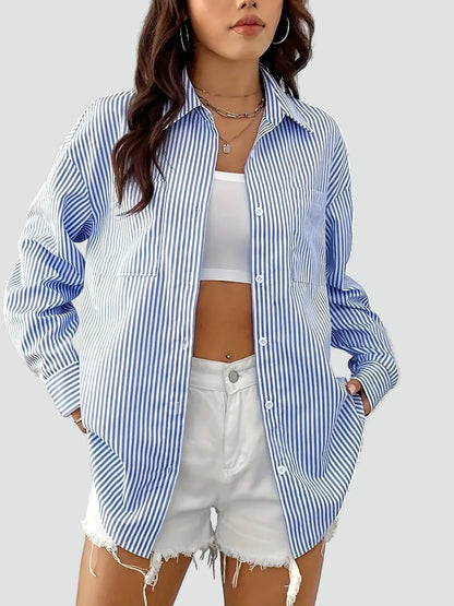 Effortless Blue Striped Shirt for Women with Collar Long Sleeve Oversized Relaxed Casual Style