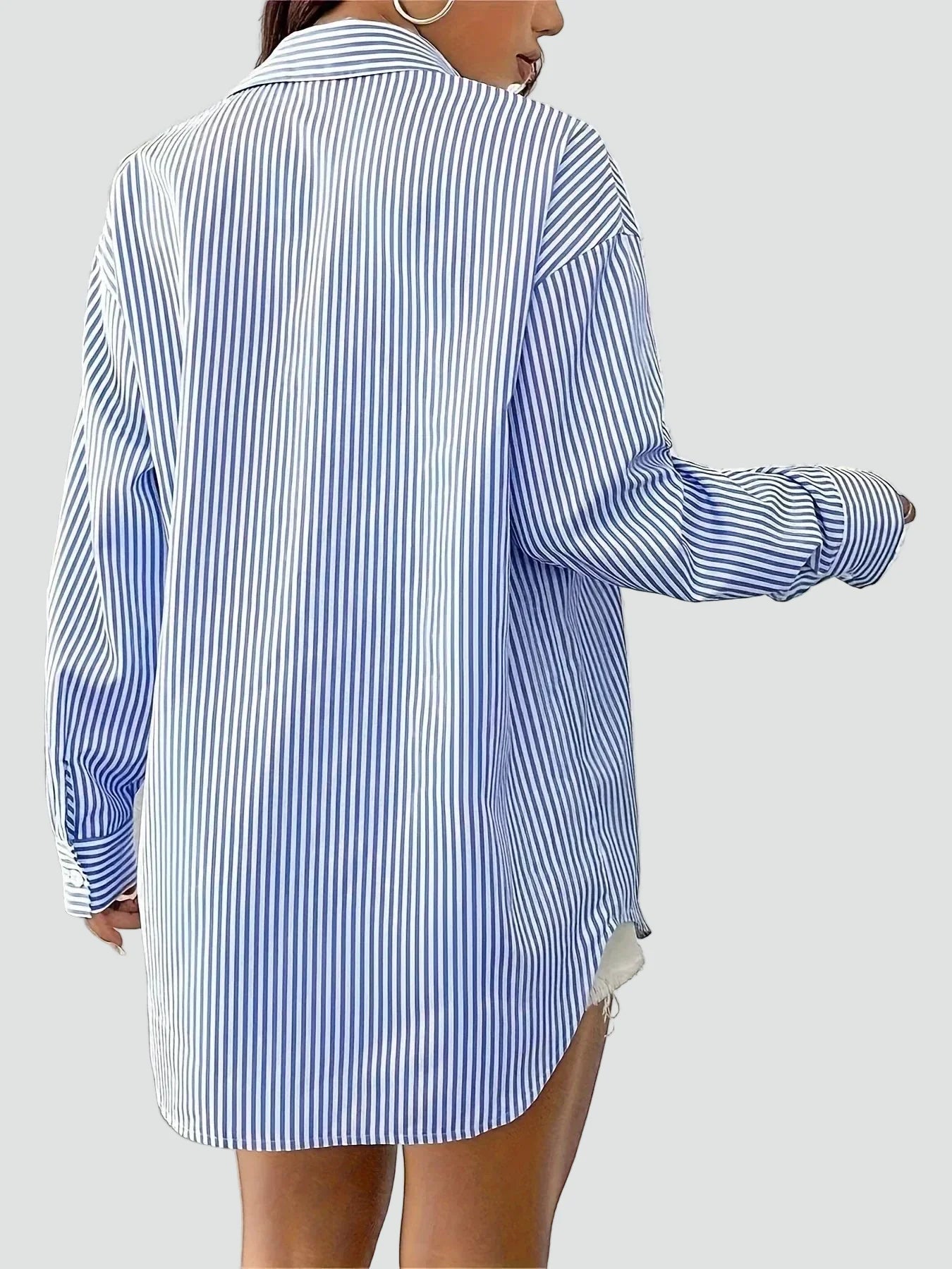 Effortless Blue Striped Shirt for Women with Collar Long Sleeve Oversized Relaxed Casual Style