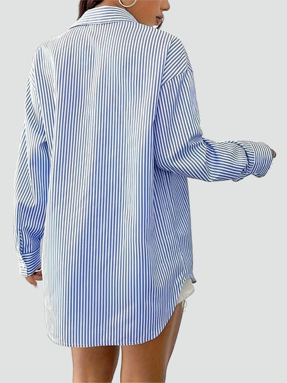 Effortless Blue Striped Shirt for Women with Collar Long Sleeve Oversized Relaxed Casual Style