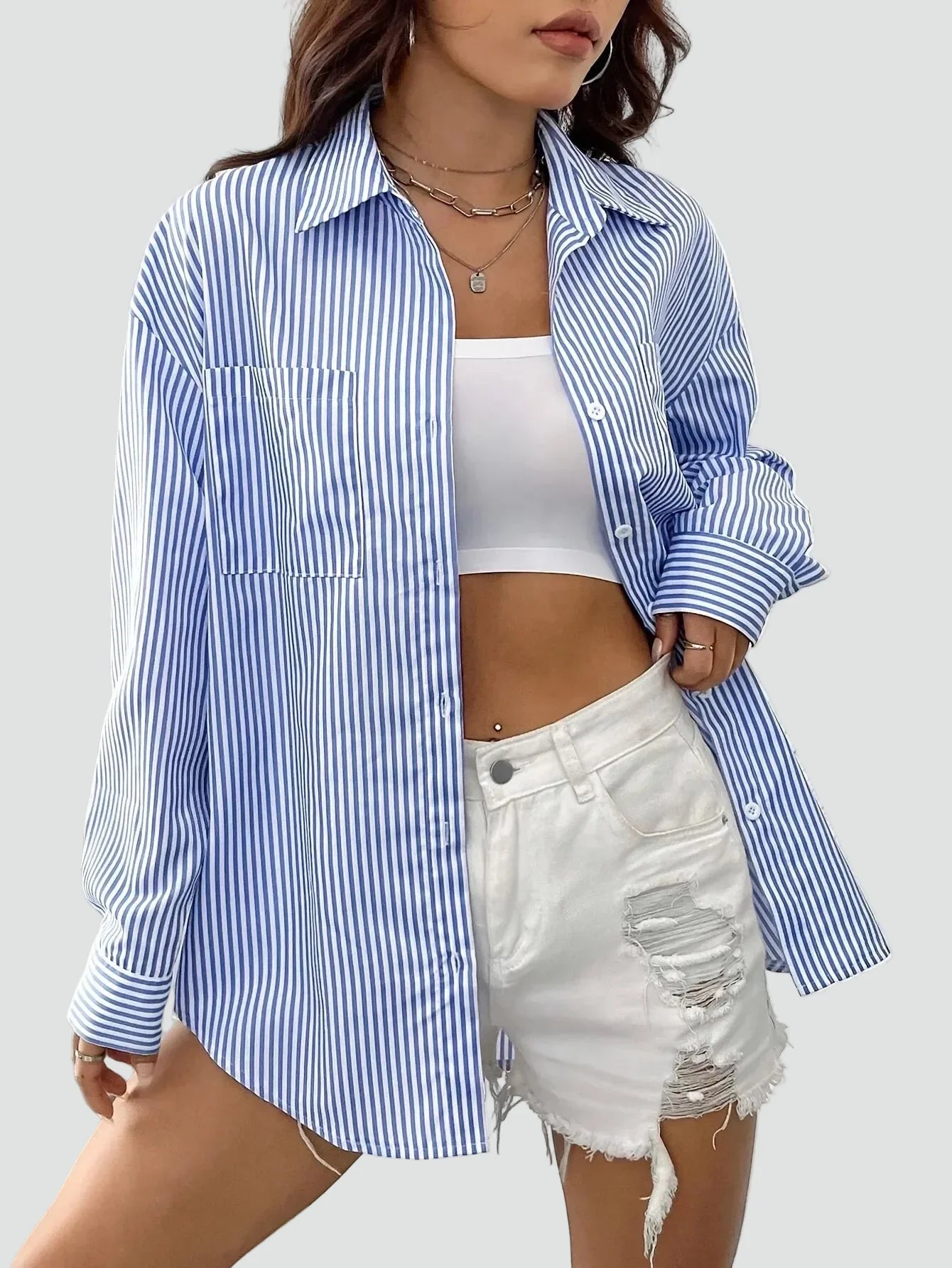 Effortless Blue Striped Shirt for Women with Collar Long Sleeve Oversized Relaxed Casual Style