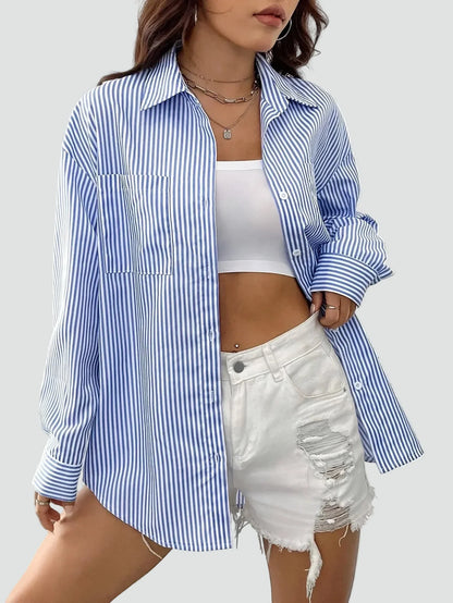 Effortless Blue Striped Shirt for Women with Collar Long Sleeve Oversized Relaxed Casual Style