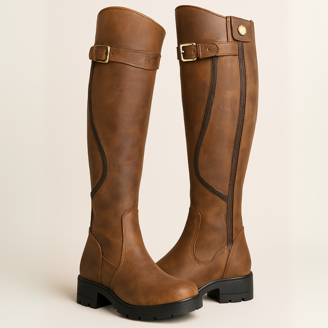 Elegant Brown Leather Waterproof Boots for Women with Knee High Buckle Riding Style
