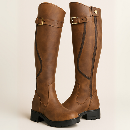 Elegant Brown Leather Waterproof Boots for Women with Knee High Buckle Riding Style