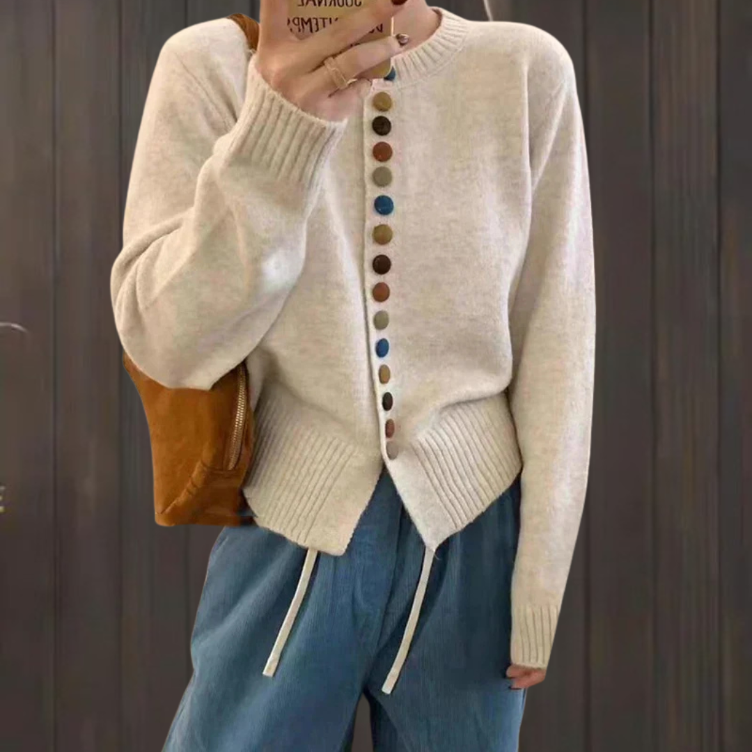 Cozy Knit Cardigan for Women with Crew Neck Long Sleeve Button Front Curved Hem Style