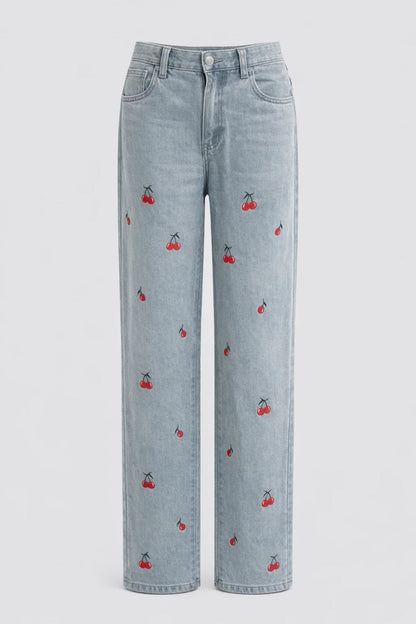 Elegant Light Blue Cherry Embroidered Jeans for Women with High Waisted Straight Leg Relaxed Casual Style
