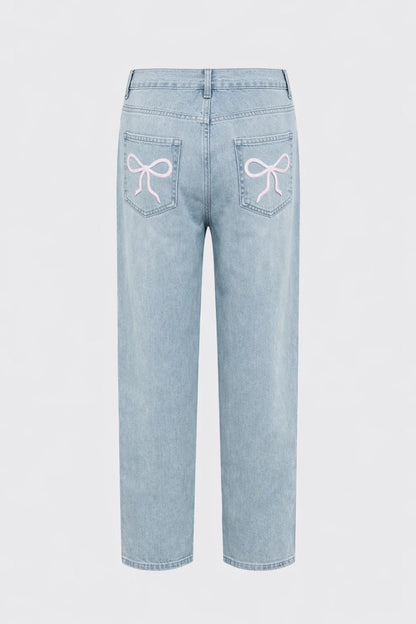 Elegant Light Blue Cherry Embroidered Jeans for Women with High Waisted Straight Leg Relaxed Casual Style