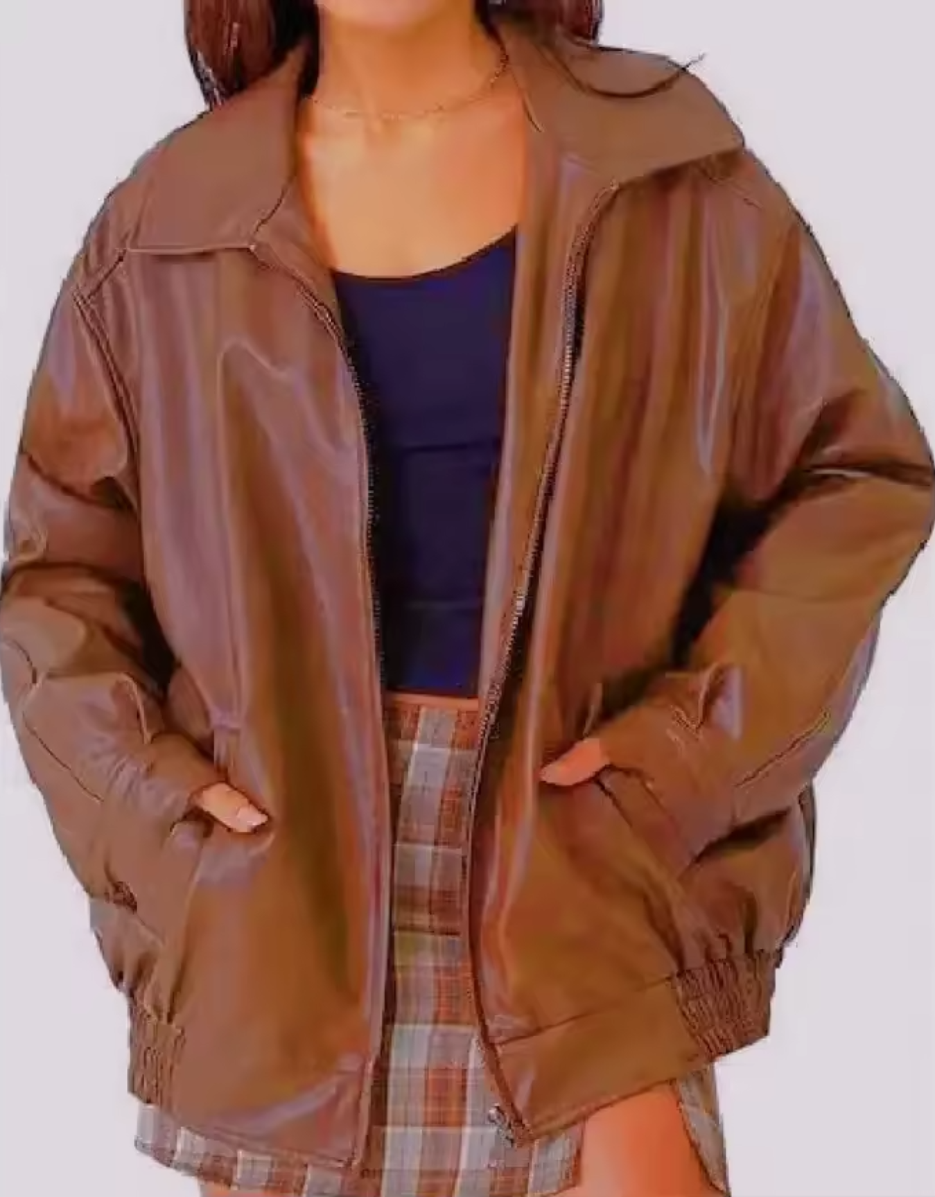 Effortless Brown Oversized Faux Leather Jacket for Women with Spread Collar Zip Front Relaxed Casual Style