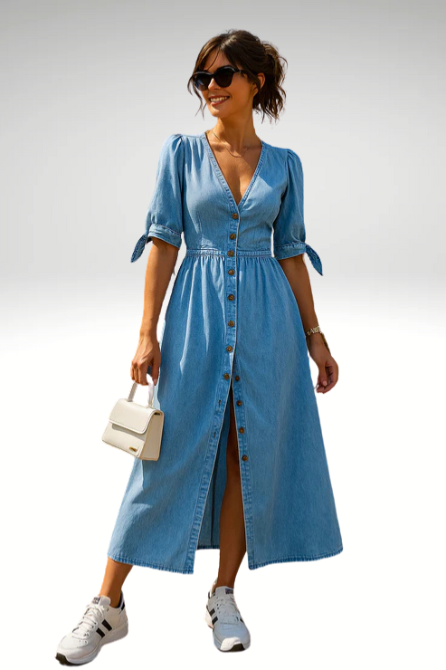 Effortless Denim Dress for Women with V Neck Puff Sleeve Button Front Midi Flowing Style