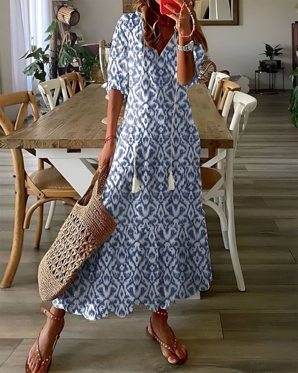 Effortless Printed Maxi Dress for Women with Short Sleeve V Neck Tassel Tie Bohemian Style