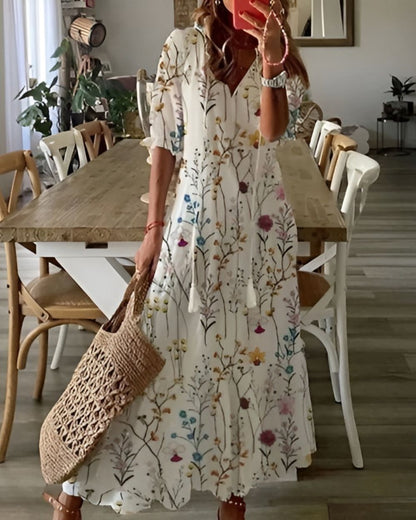 Effortless Printed Maxi Dress for Women with Short Sleeve V Neck Tassel Tie Bohemian Style