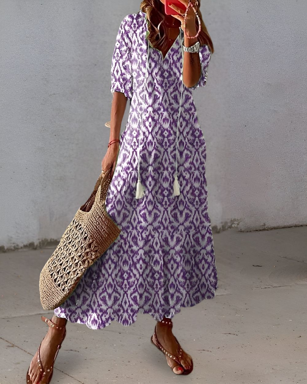 Effortless Printed Maxi Dress for Women with Short Sleeve V Neck Tassel Tie Bohemian Style