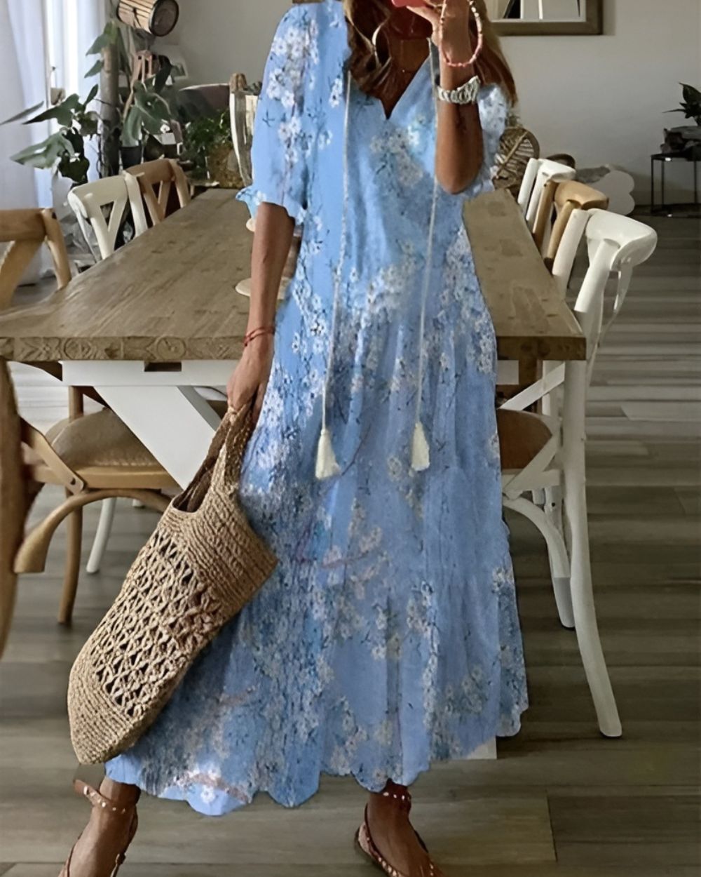 Effortless Printed Maxi Dress for Women with Short Sleeve V Neck Tassel Tie Bohemian Style