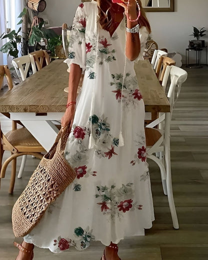 Effortless Printed Maxi Dress for Women with Short Sleeve V Neck Tassel Tie Bohemian Style