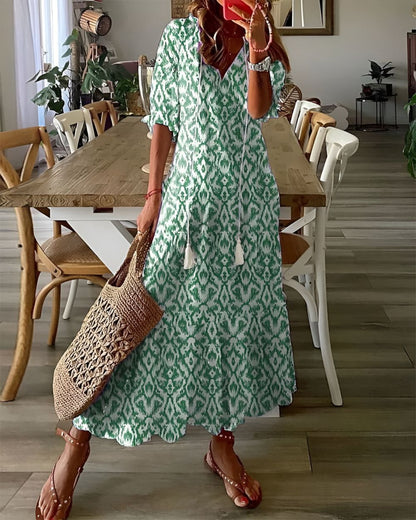 Effortless Printed Maxi Dress for Women with Short Sleeve V Neck Tassel Tie Bohemian Style