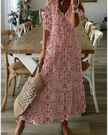 Effortless Printed Maxi Dress for Women with Short Sleeve V Neck Tassel Tie Bohemian Style