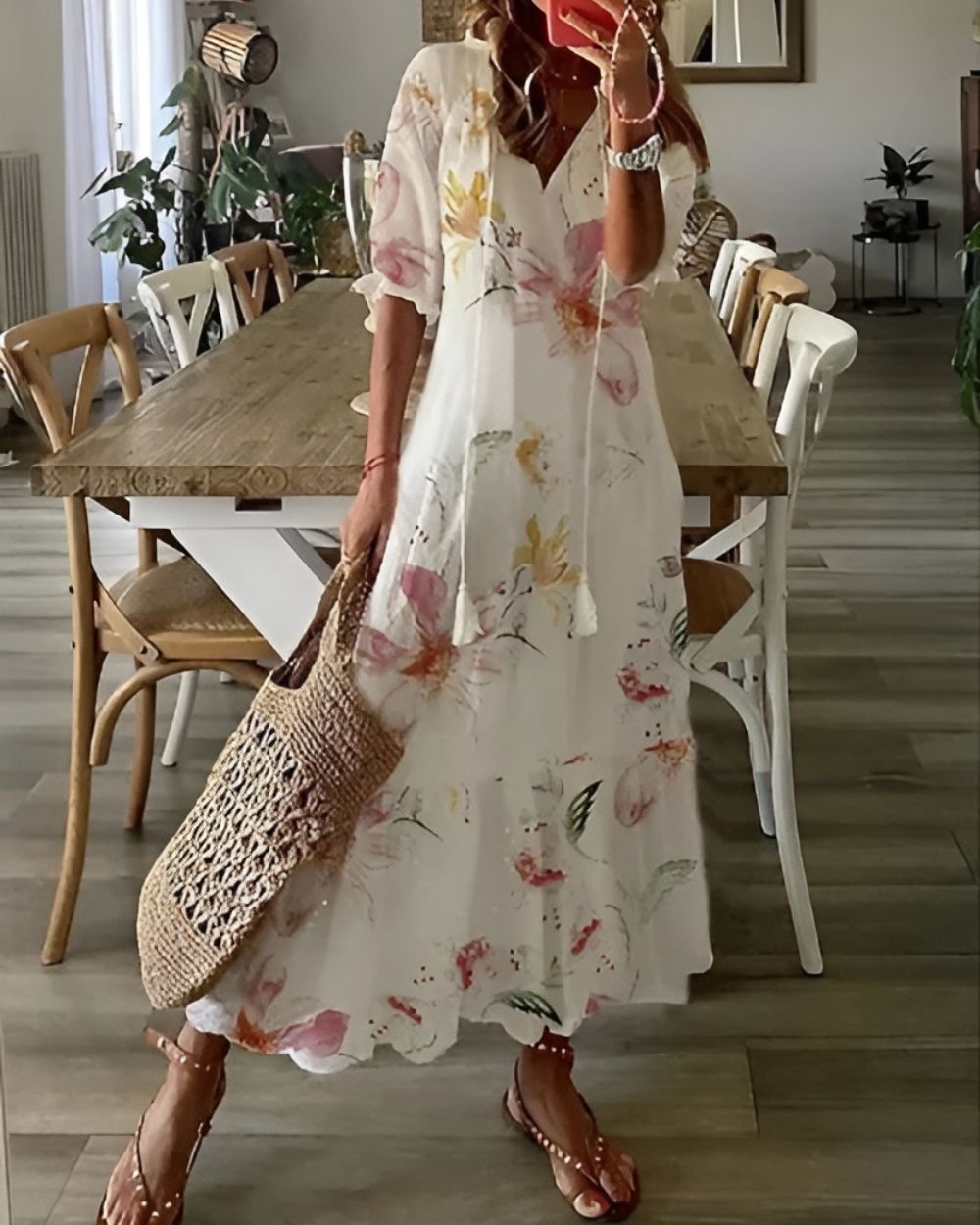 Effortless Printed Maxi Dress for Women with Short Sleeve V Neck Tassel Tie Bohemian Style