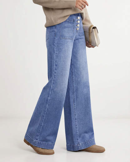 Stylish Blue Wide Leg Jeans for Women with High Waisted Button Front Denim Relaxed Style