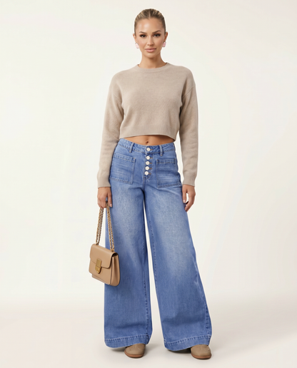 Stylish Blue Wide Leg Jeans for Women with High Waisted Button Front Denim Relaxed Style