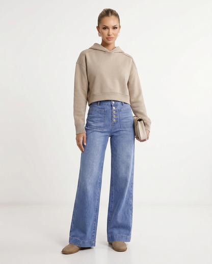 Stylish Blue Wide Leg Jeans for Women with High Waisted Button Front Denim Relaxed Style