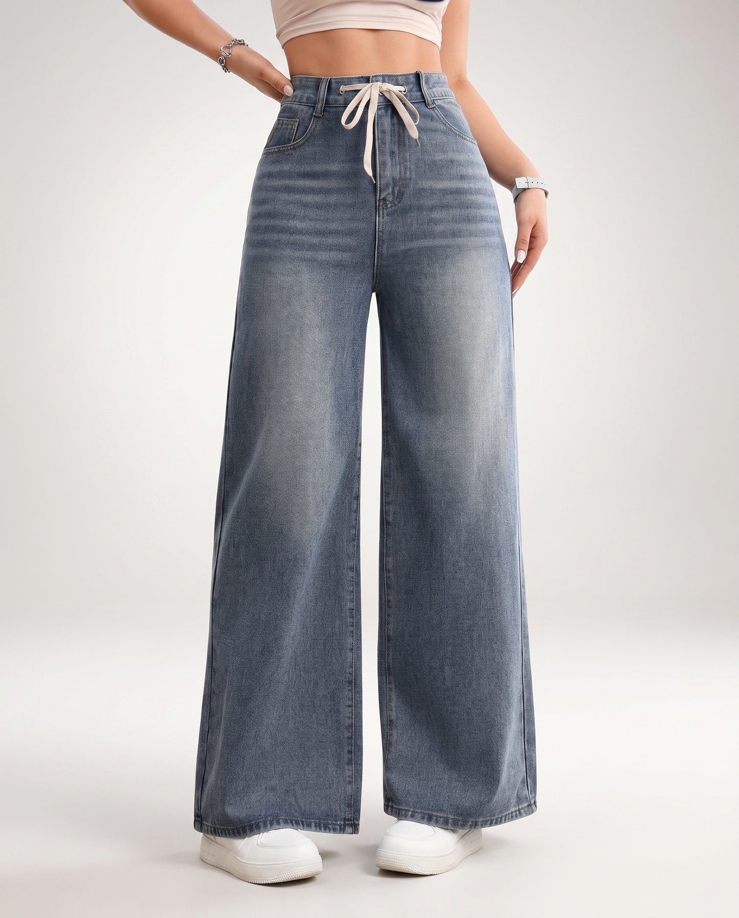 Effortless Blue Denim Wide Leg Jeans for Women with High Waist Drawstring Relaxed Casual Style