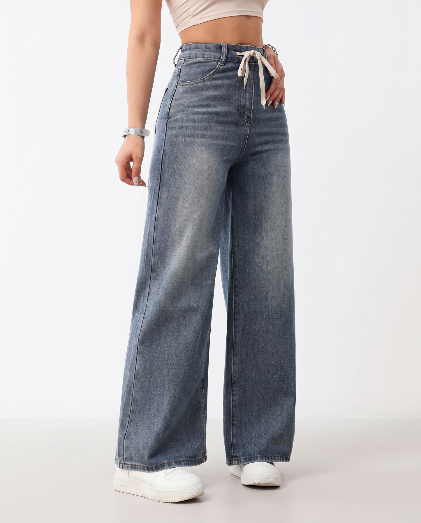 Effortless Blue Denim Wide Leg Jeans for Women with High Waist Drawstring Relaxed Casual Style