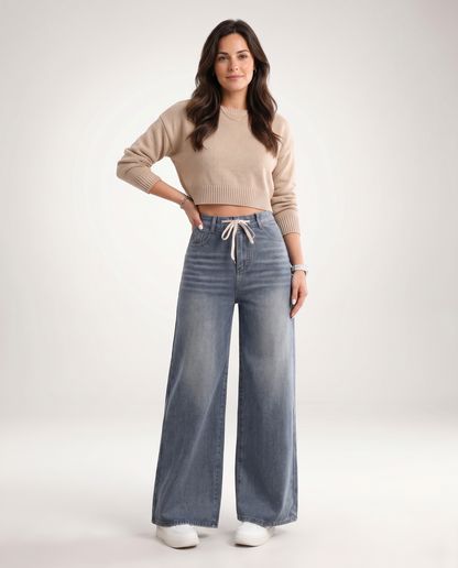 Effortless Blue Denim Wide Leg Jeans for Women with High Waist Drawstring Relaxed Casual Style