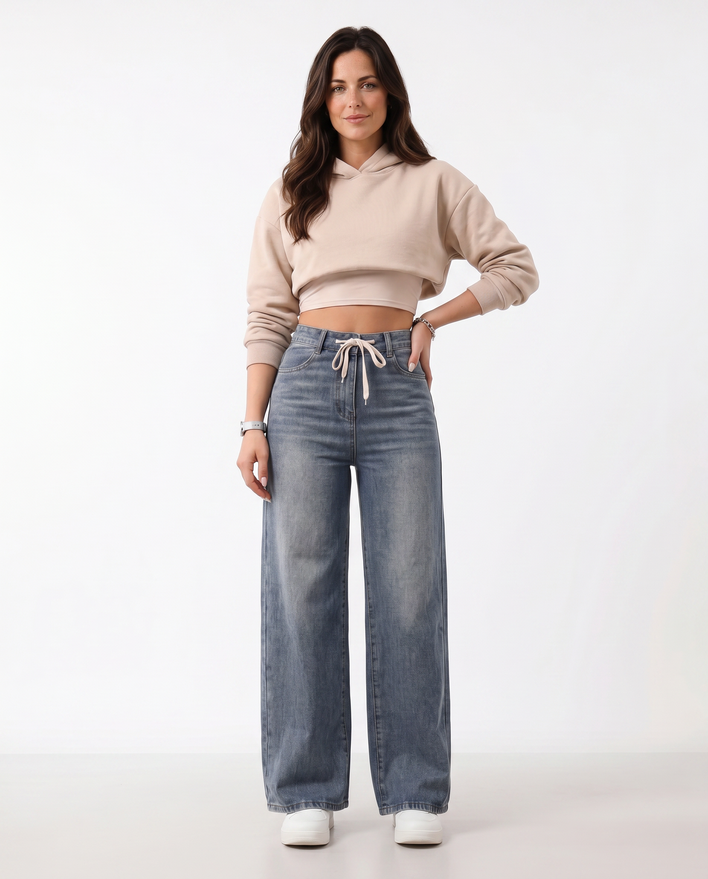 Effortless Blue Denim Wide Leg Jeans for Women with High Waist Drawstring Relaxed Casual Style