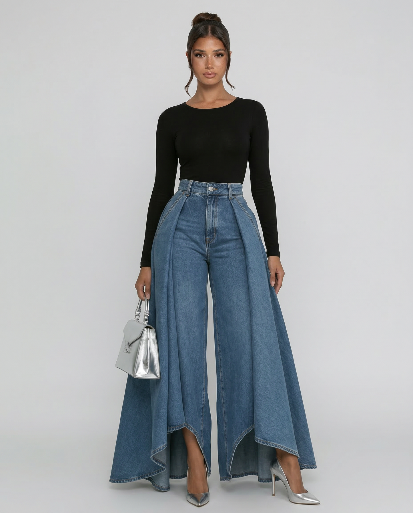 Chic Blue Wide Leg Jeans for Women with High Waisted Palazzo Flowy Denim Relaxed Style