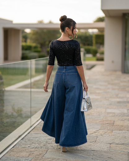 Chic Blue Wide Leg Jeans for Women with High Waisted Palazzo Flowy Denim Relaxed Style