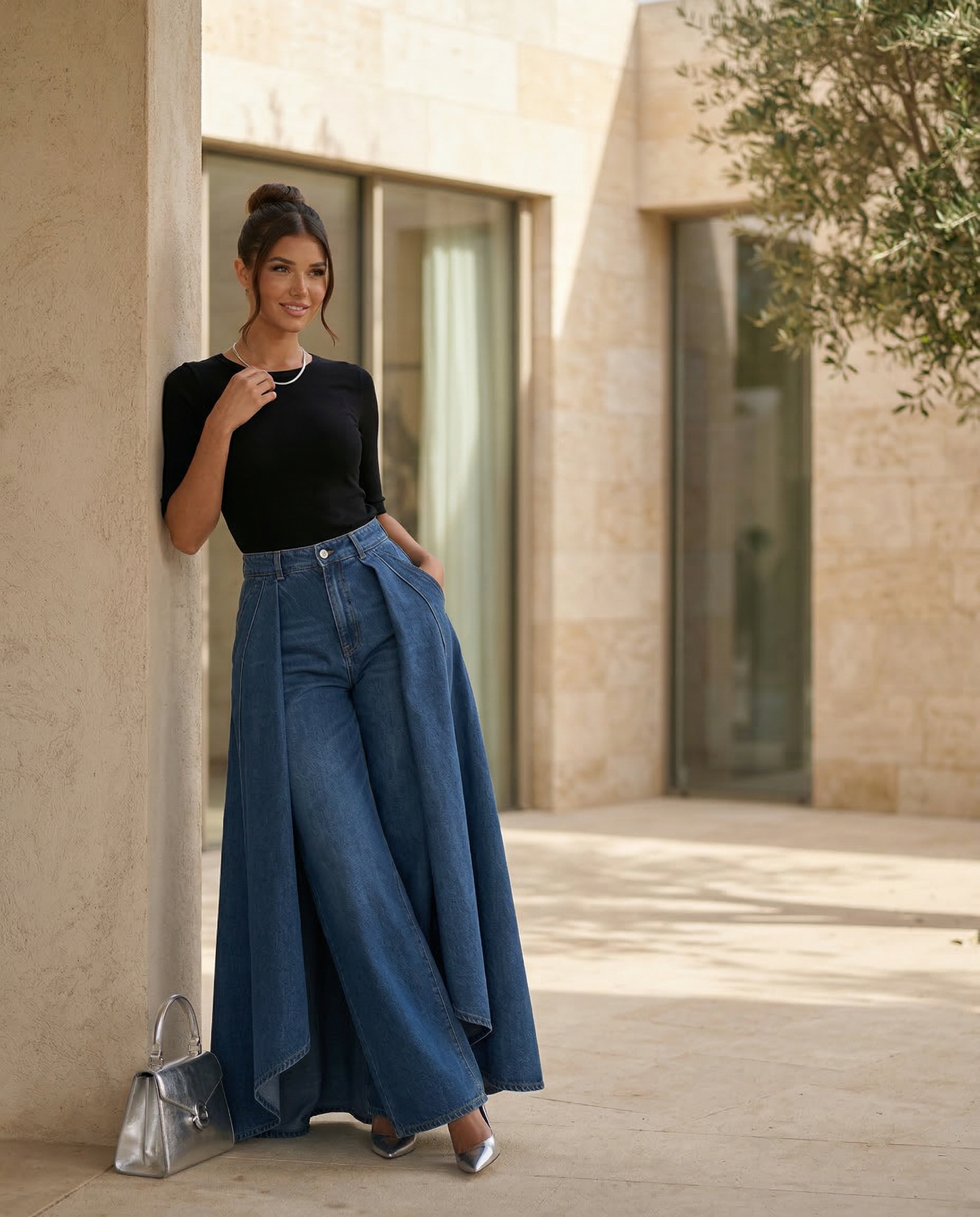 Chic Blue Wide Leg Jeans for Women with High Waisted Palazzo Flowy Denim Relaxed Style