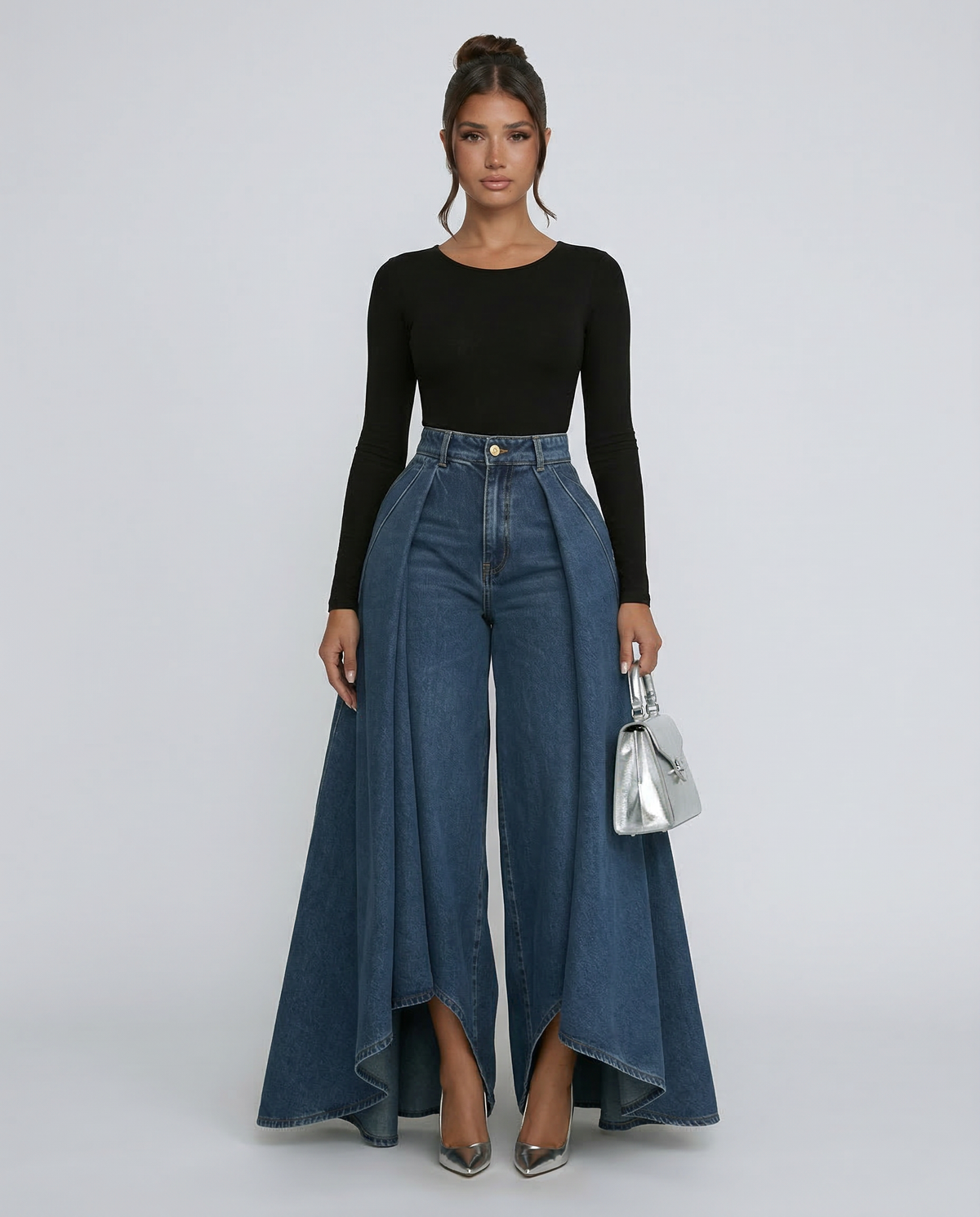 Chic Blue Wide Leg Jeans for Women with High Waisted Palazzo Flowy Denim Relaxed Style