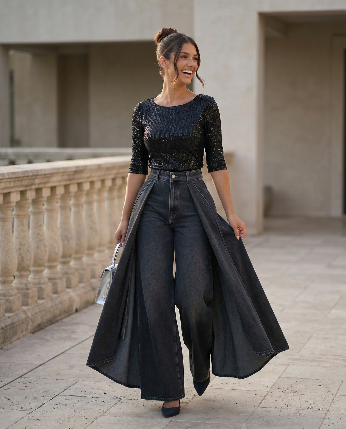Chic Blue Wide Leg Jeans for Women with High Waisted Palazzo Flowy Denim Relaxed Style
