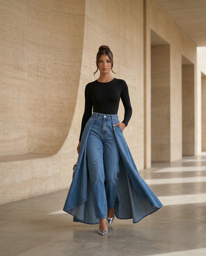 Chic Blue Wide Leg Jeans for Women with High Waisted Palazzo Flowy Denim Relaxed Style