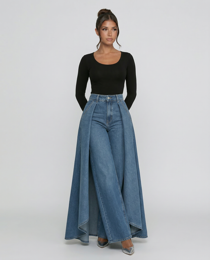Chic Blue Wide Leg Jeans for Women with High Waisted Palazzo Flowy Denim Relaxed Style