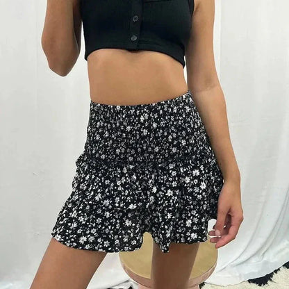 Effortless Floral Tiered Mini Skirt for Women with Smocked Waist Ruffle Hem Bohemian Style