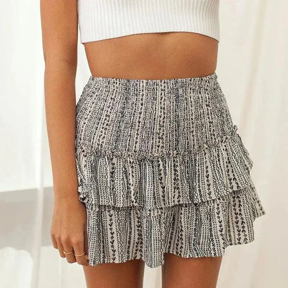 Effortless Floral Tiered Mini Skirt for Women with Smocked Waist Ruffle Hem Bohemian Style
