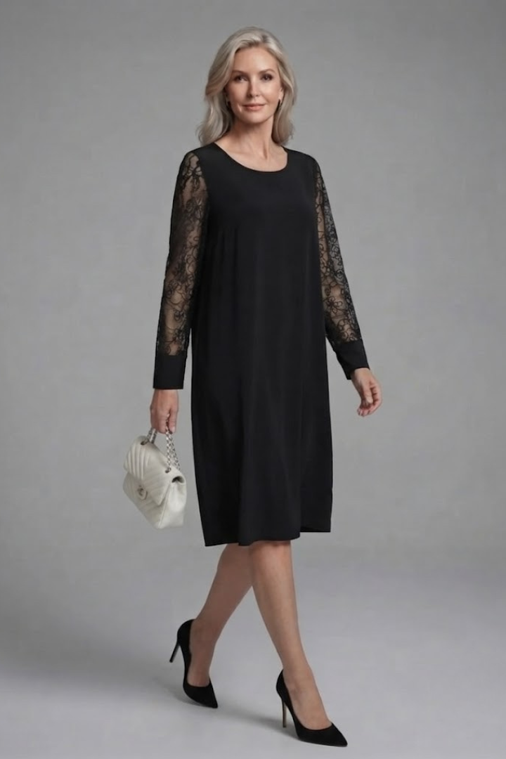 Elegant Black Fall Wedding Guest Dress for Women with Round Neck Long Sleeve Sheer Lace Shift Style