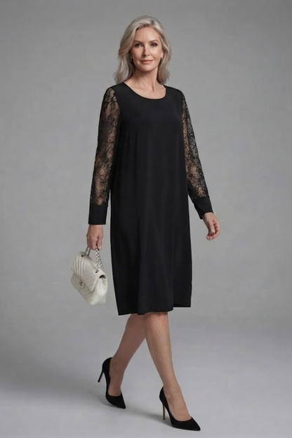 Elegant Black Fall Wedding Guest Dress for Women with Round Neck Long Sleeve Sheer Lace Shift Style