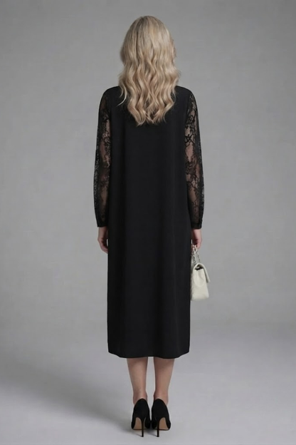 Elegant Black Fall Wedding Guest Dress for Women with Round Neck Long Sleeve Sheer Lace Shift Style