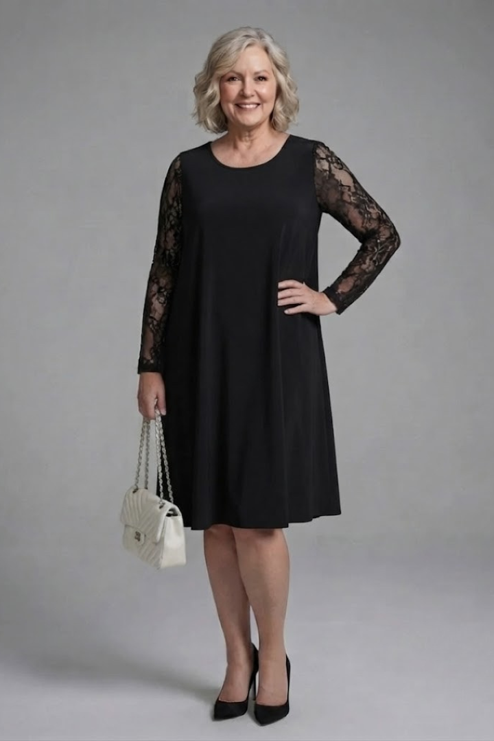 Elegant Black Fall Wedding Guest Dress for Women with Round Neck Long Sleeve Sheer Lace Shift Style