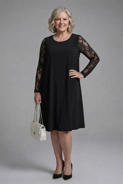 Elegant Black Fall Wedding Guest Dress for Women with Round Neck Long Sleeve Sheer Lace Shift Style