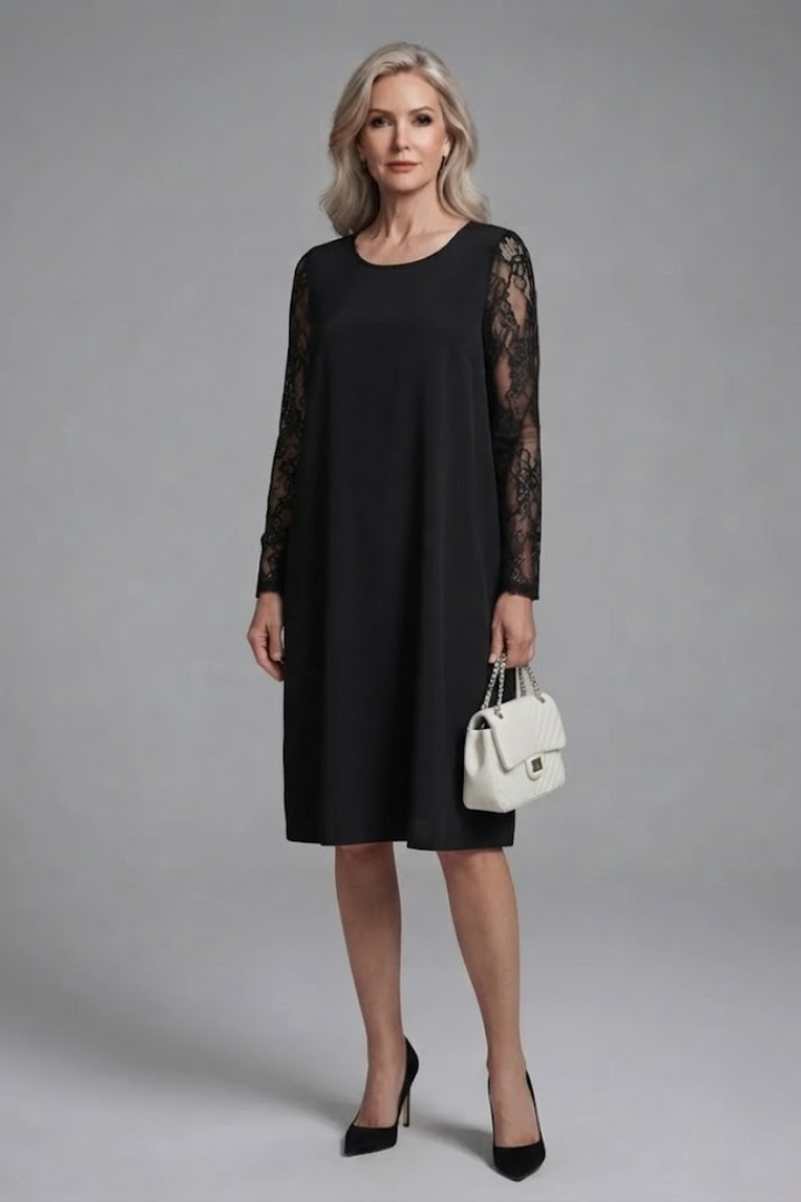 Elegant Black Fall Wedding Guest Dress for Women with Round Neck Long Sleeve Sheer Lace Shift Style
