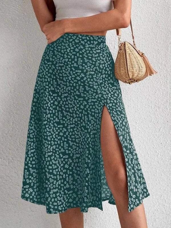 Effortless Ditsy Floral Midi Skirt for Women with High Waist Side Slit Flowing Bohemian Style