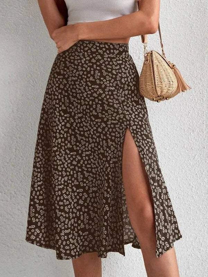Effortless Ditsy Floral Midi Skirt for Women with High Waist Side Slit Flowing Bohemian Style