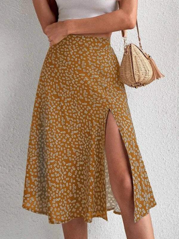 Effortless Ditsy Floral Midi Skirt for Women with High Waist Side Slit Flowing Bohemian Style