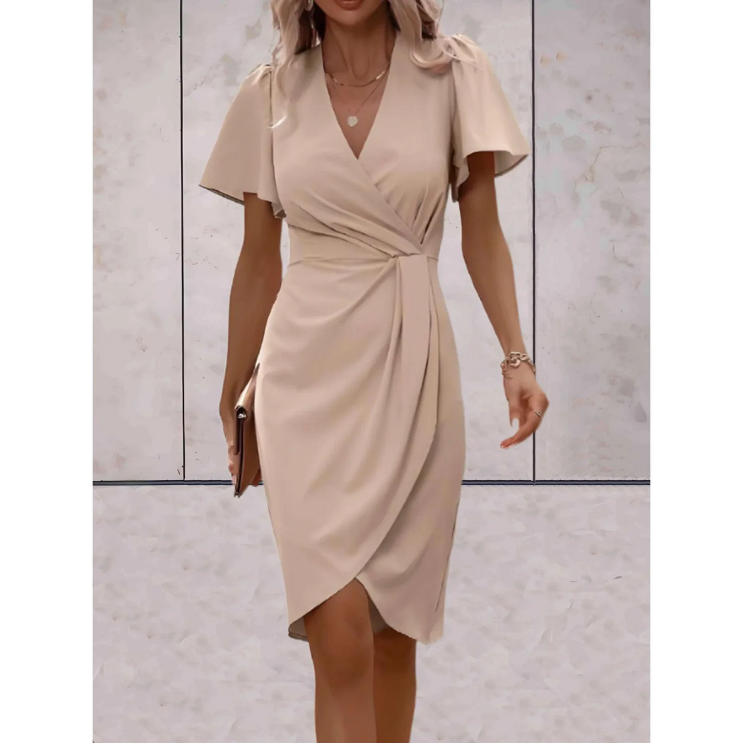 Elegant Autumn Wedding Guest Dress for Women with Wrap V Neck Flutter Sleeve Ruched Tulip Hem Style