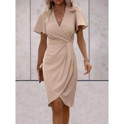 Elegant Autumn Wedding Guest Dress for Women with Wrap V Neck Flutter Sleeve Ruched Tulip Hem Style
