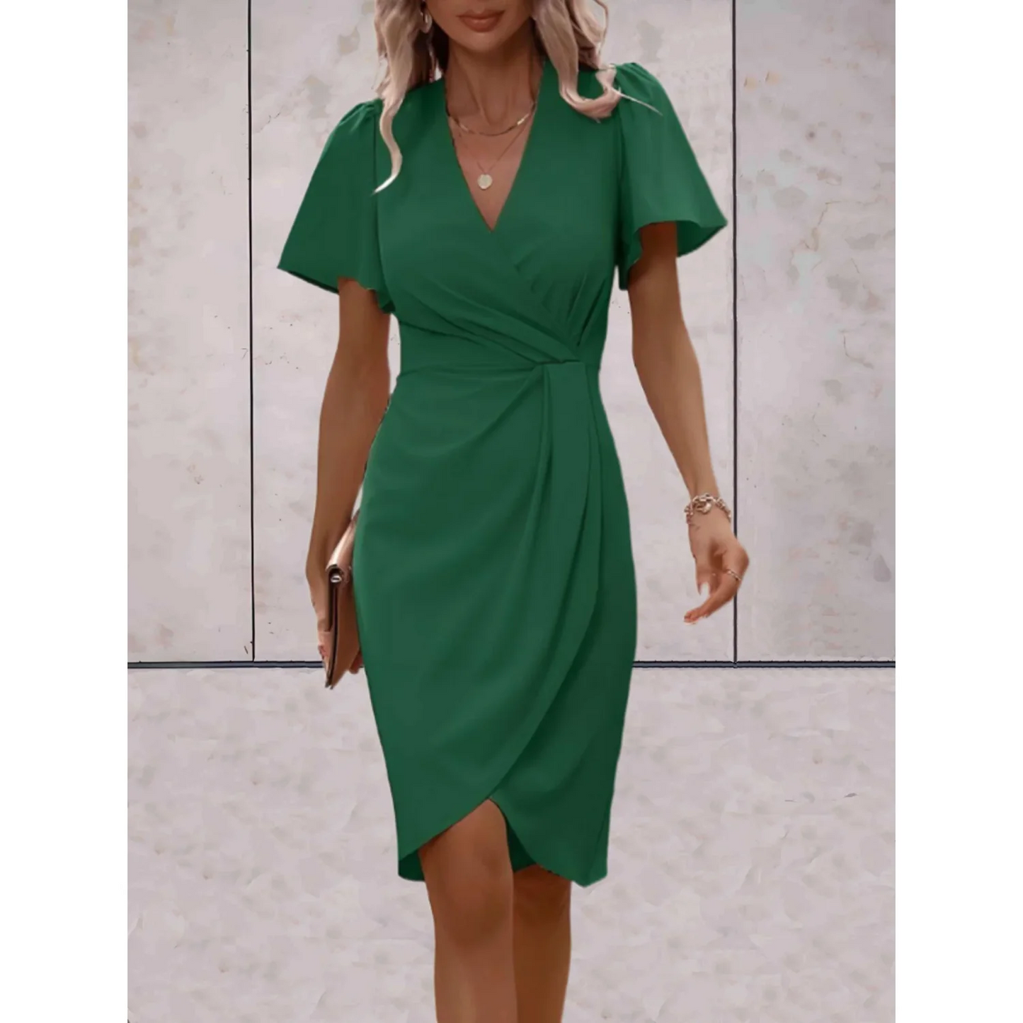 Elegant Autumn Wedding Guest Dress for Women with Wrap V Neck Flutter Sleeve Ruched Tulip Hem Style