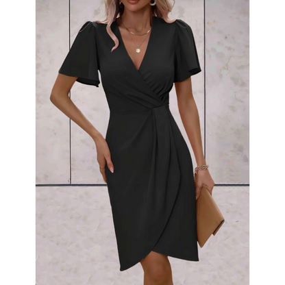Elegant Autumn Wedding Guest Dress for Women with Wrap V Neck Flutter Sleeve Ruched Tulip Hem Style