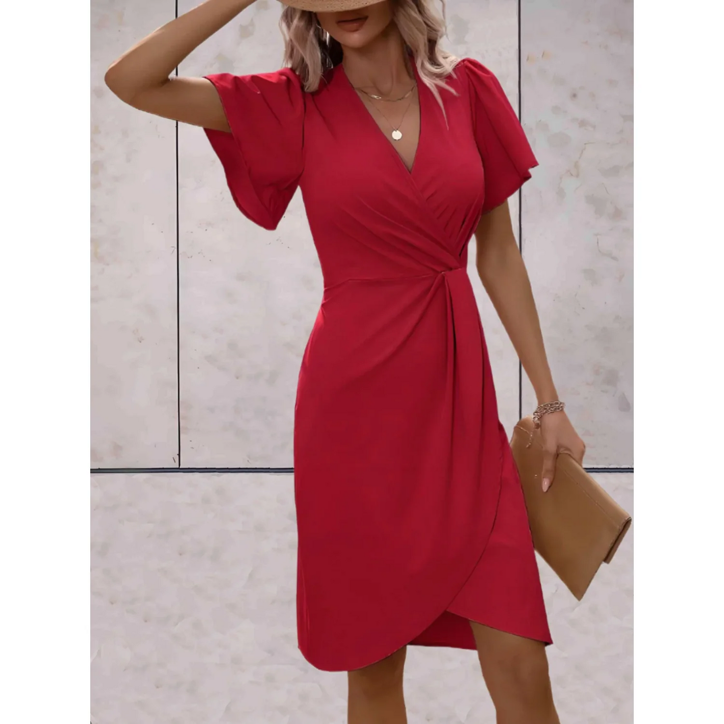 Elegant Autumn Wedding Guest Dress for Women with Wrap V Neck Flutter Sleeve Ruched Tulip Hem Style